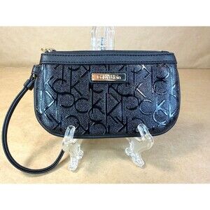 Calvin Klein Black Vegan Leather Monogram Logo Wristlet Pouch Bag Wallet Clutch